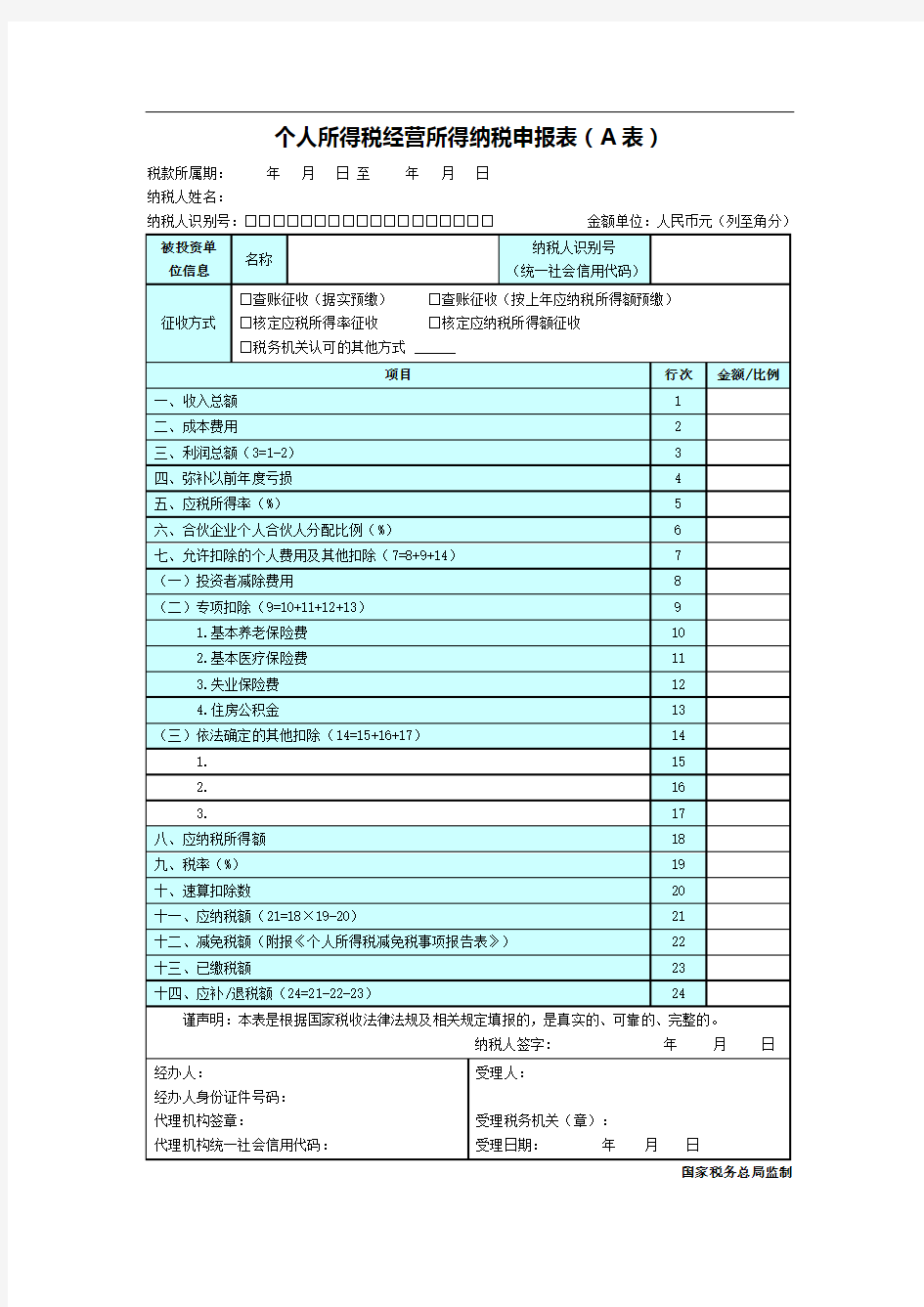 个人所得税经营所得纳税申报表(A表)