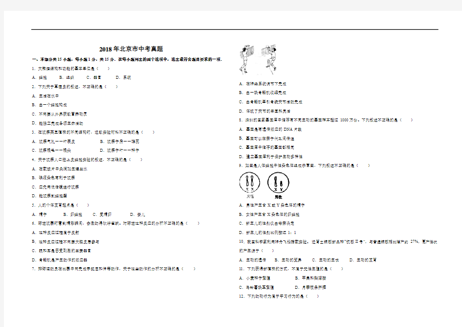 2018年北京市中考生物真题(含答案)