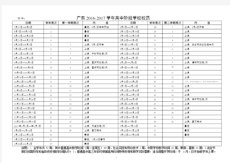 2016-2017学年高中阶段学校校历的通知