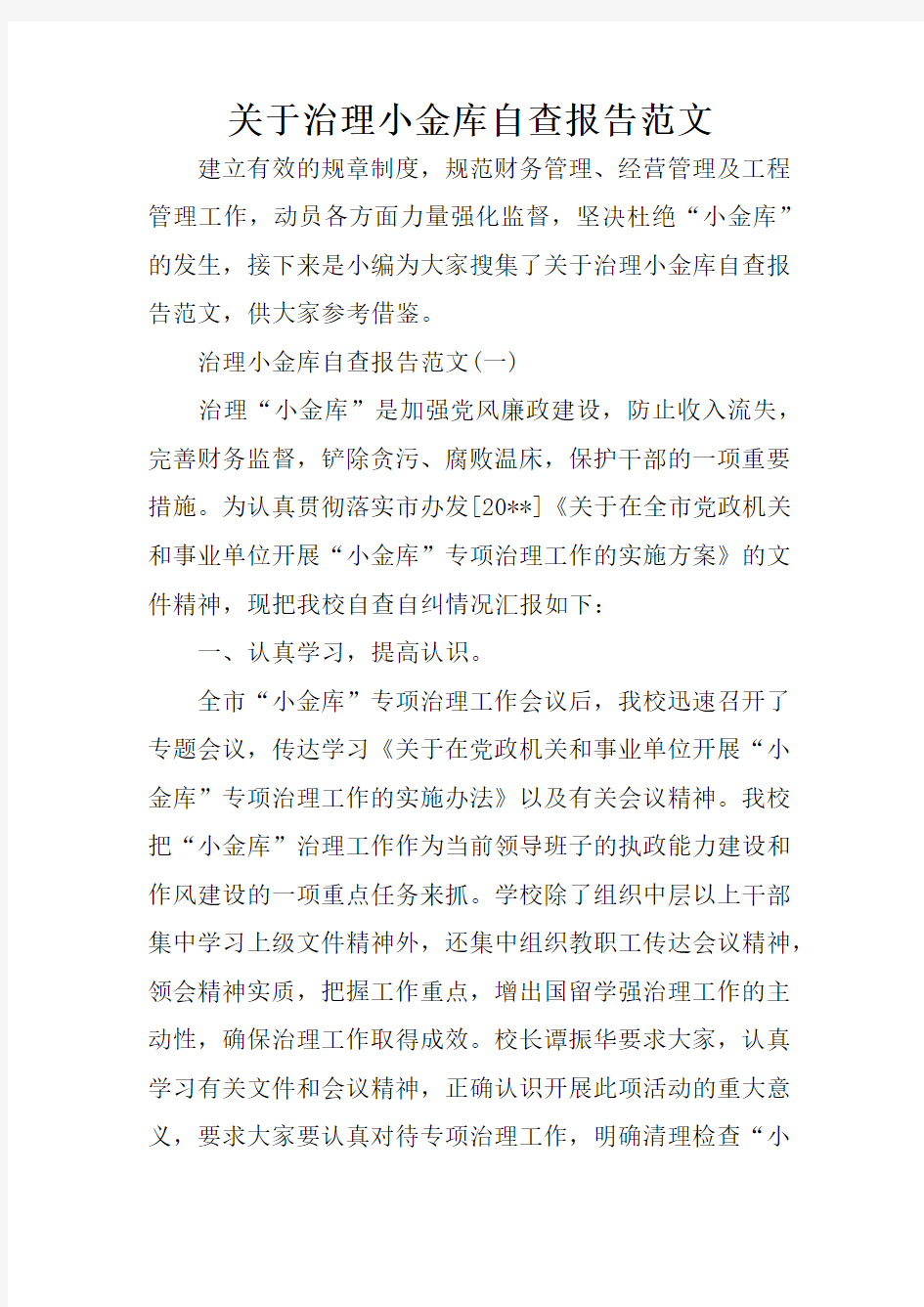 关于治理小金库自查报告范文