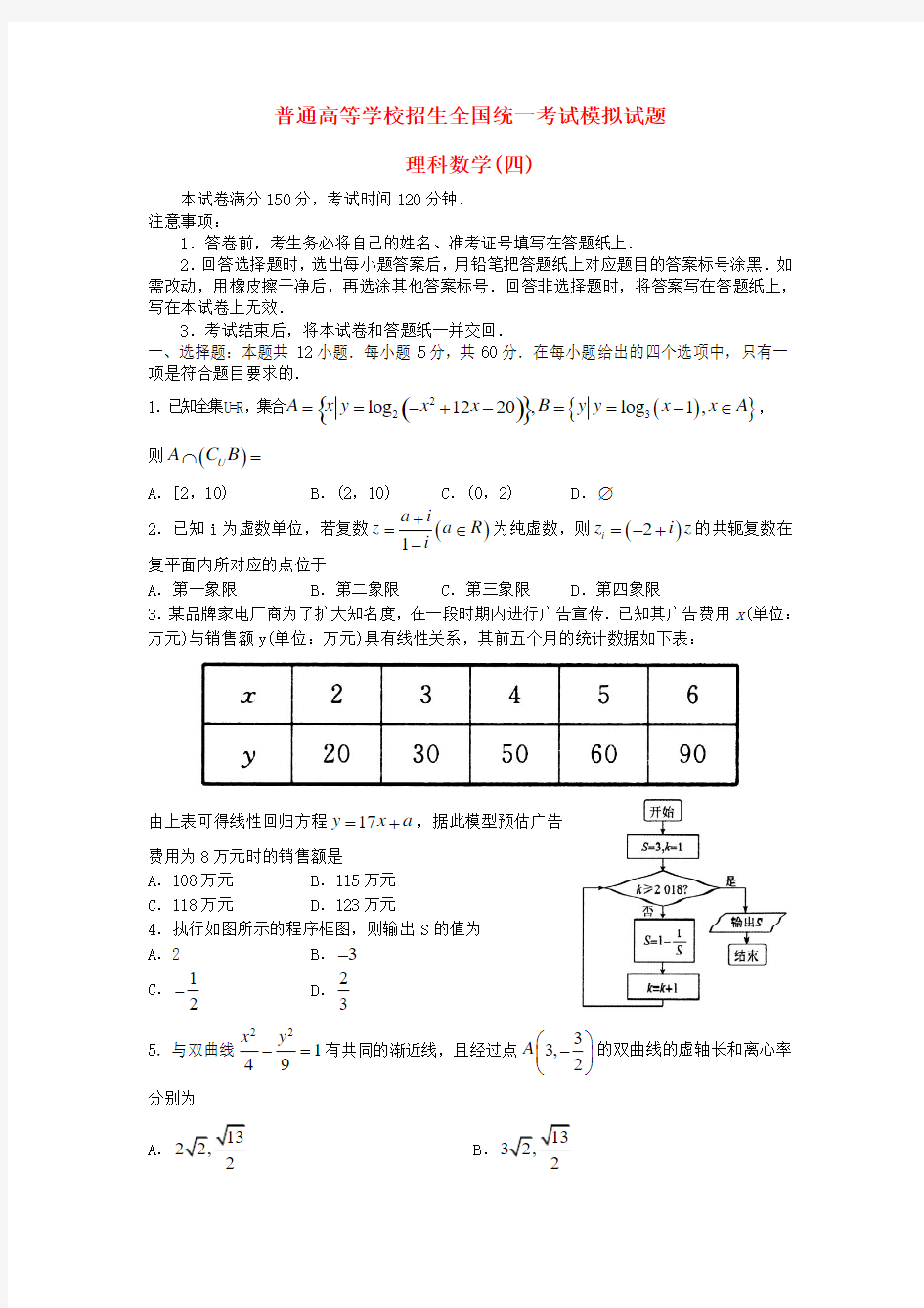 2018届普通高等学校招生全国统一考试高三数学模拟试题(四)理