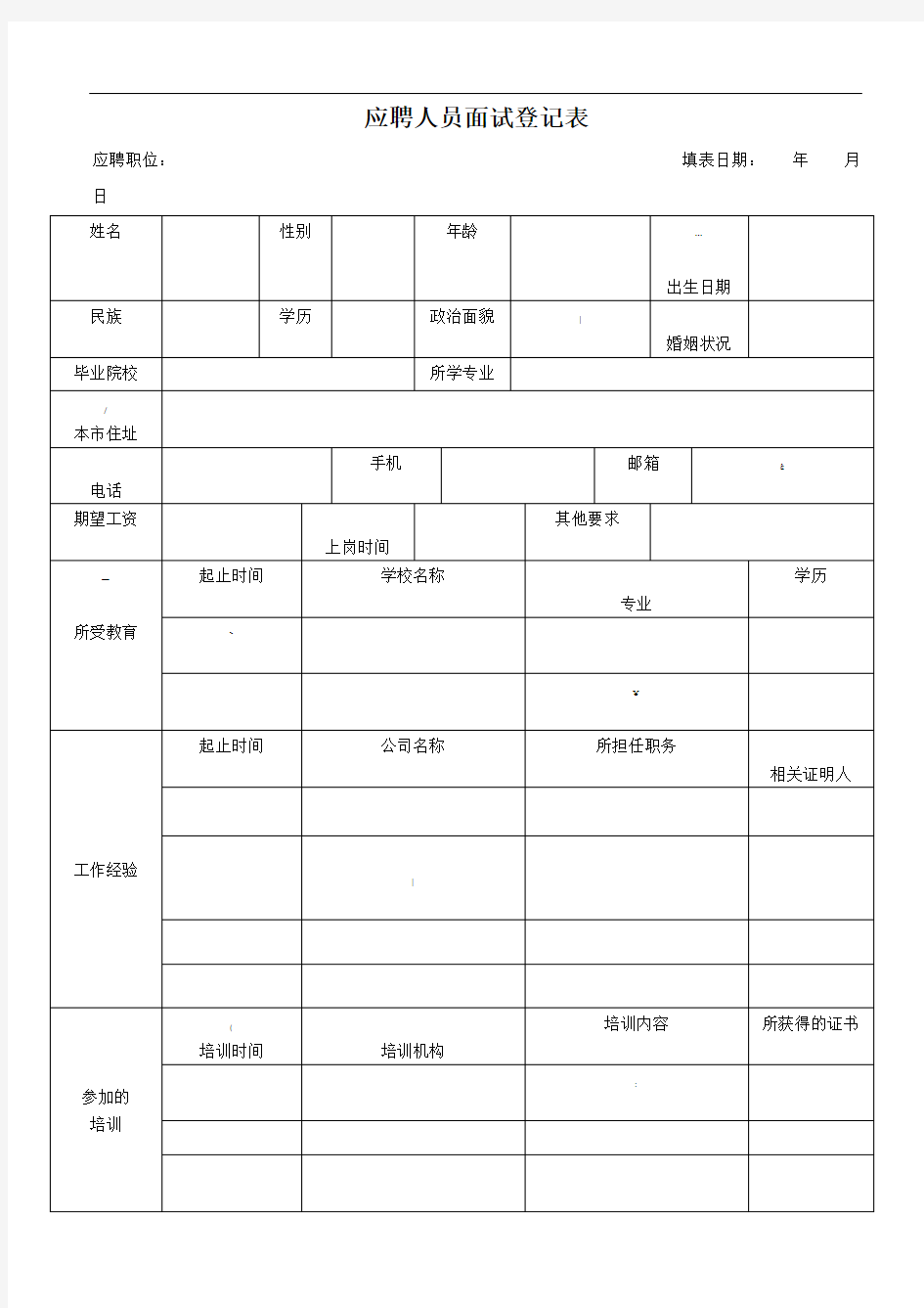 应聘人员面试登记表(应聘者填写)