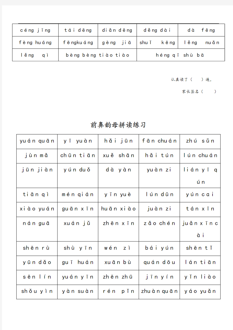 前后鼻韵母拼读练习