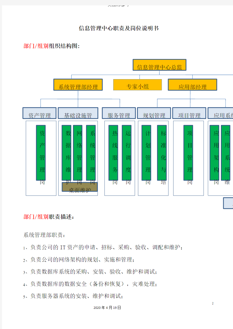 信息管理中心职责及岗位说明书