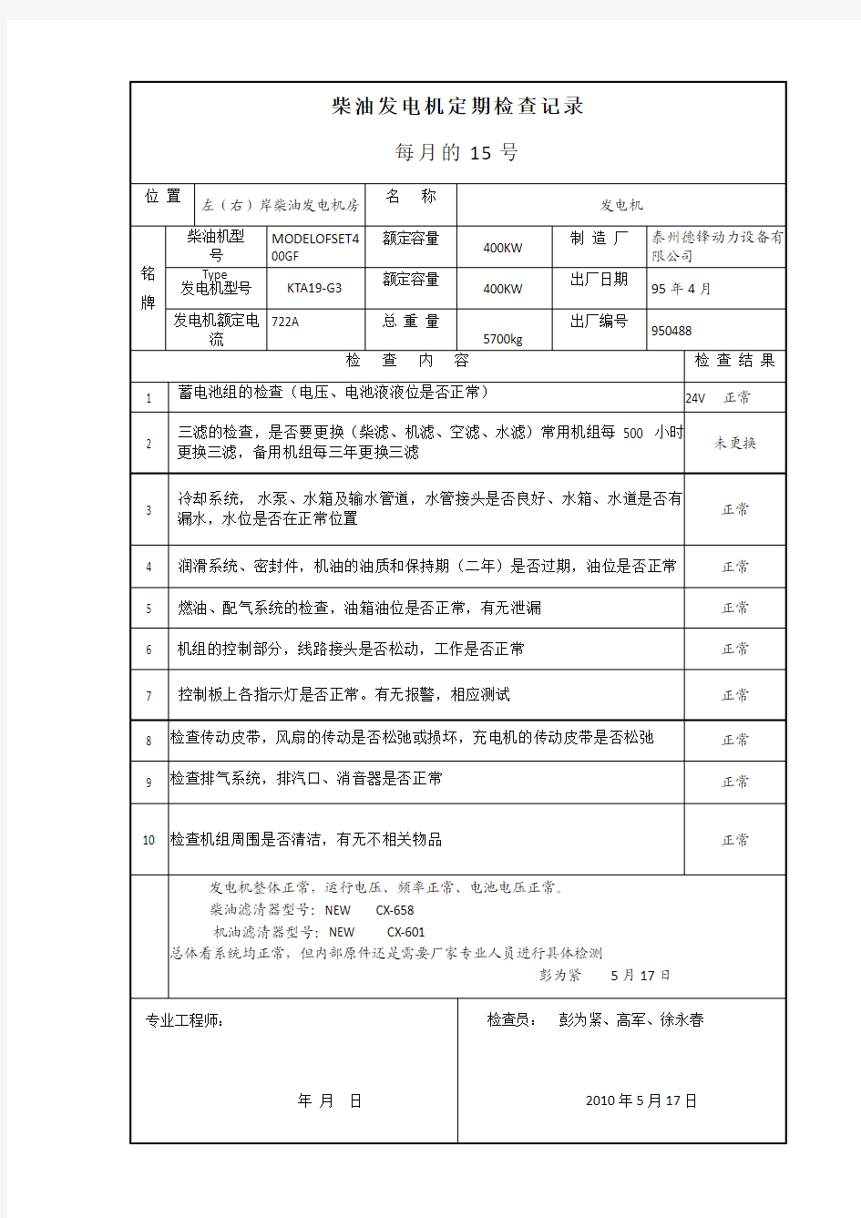 柴油发电机定期检查记录