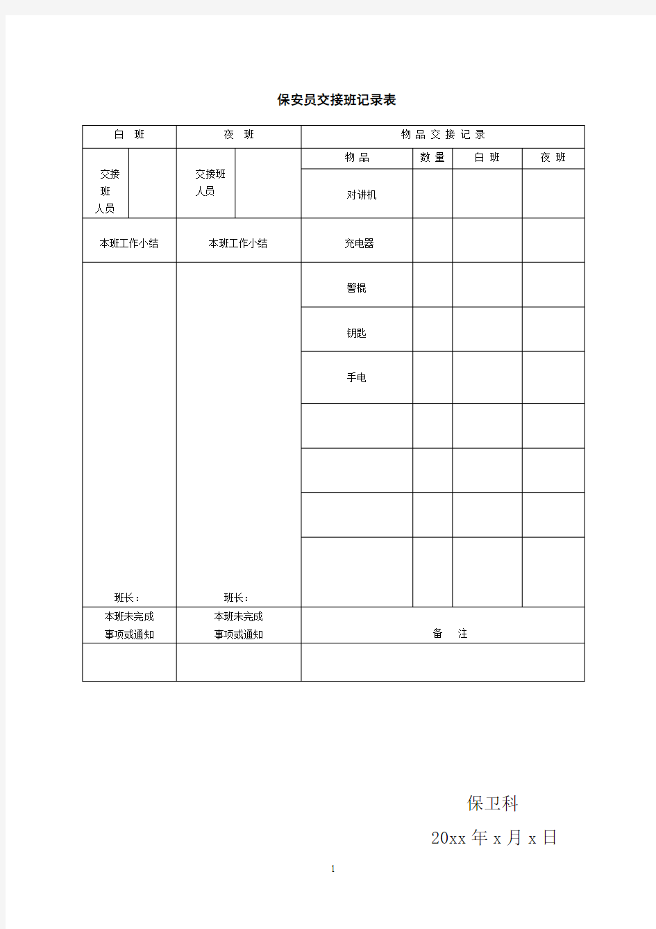 保安员交接班记录表模板