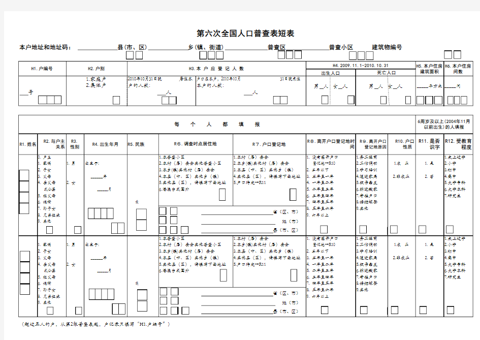 第六次全国人口普查表短表 标准版 