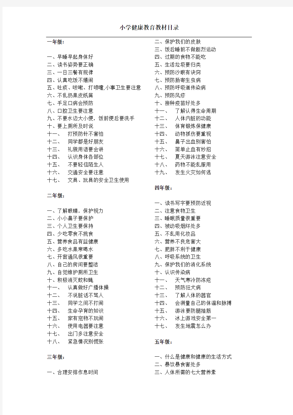 小学健康教育教材目录.doc