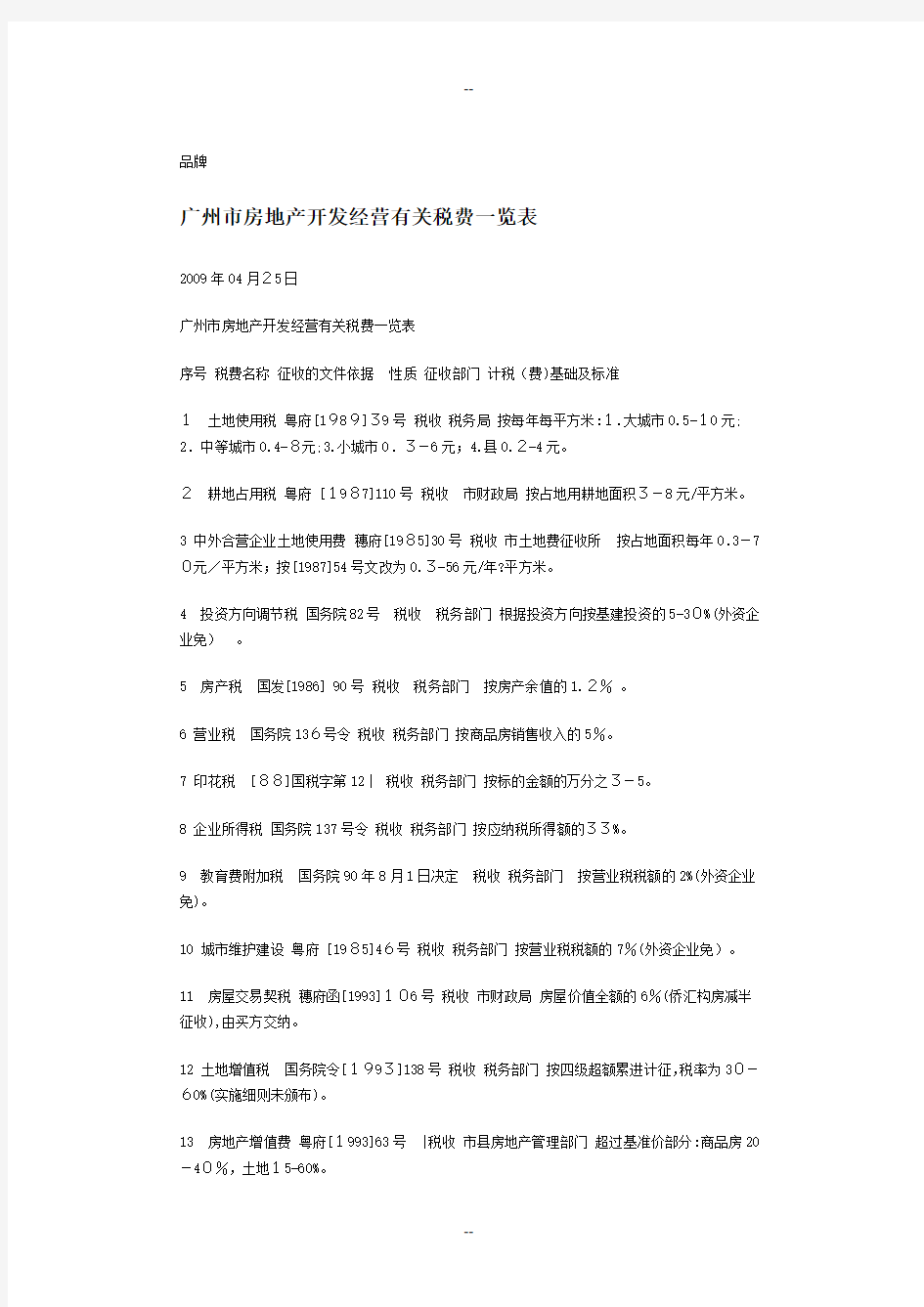 广州市房地产开发经营有关税费一览表