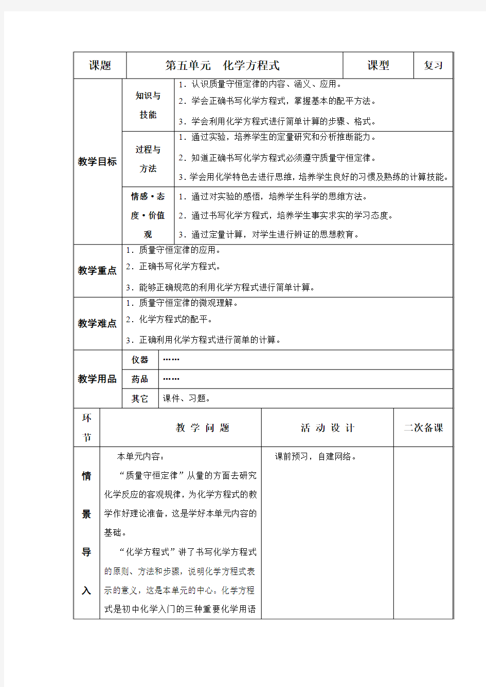 第五单元化学方程式 复习教案