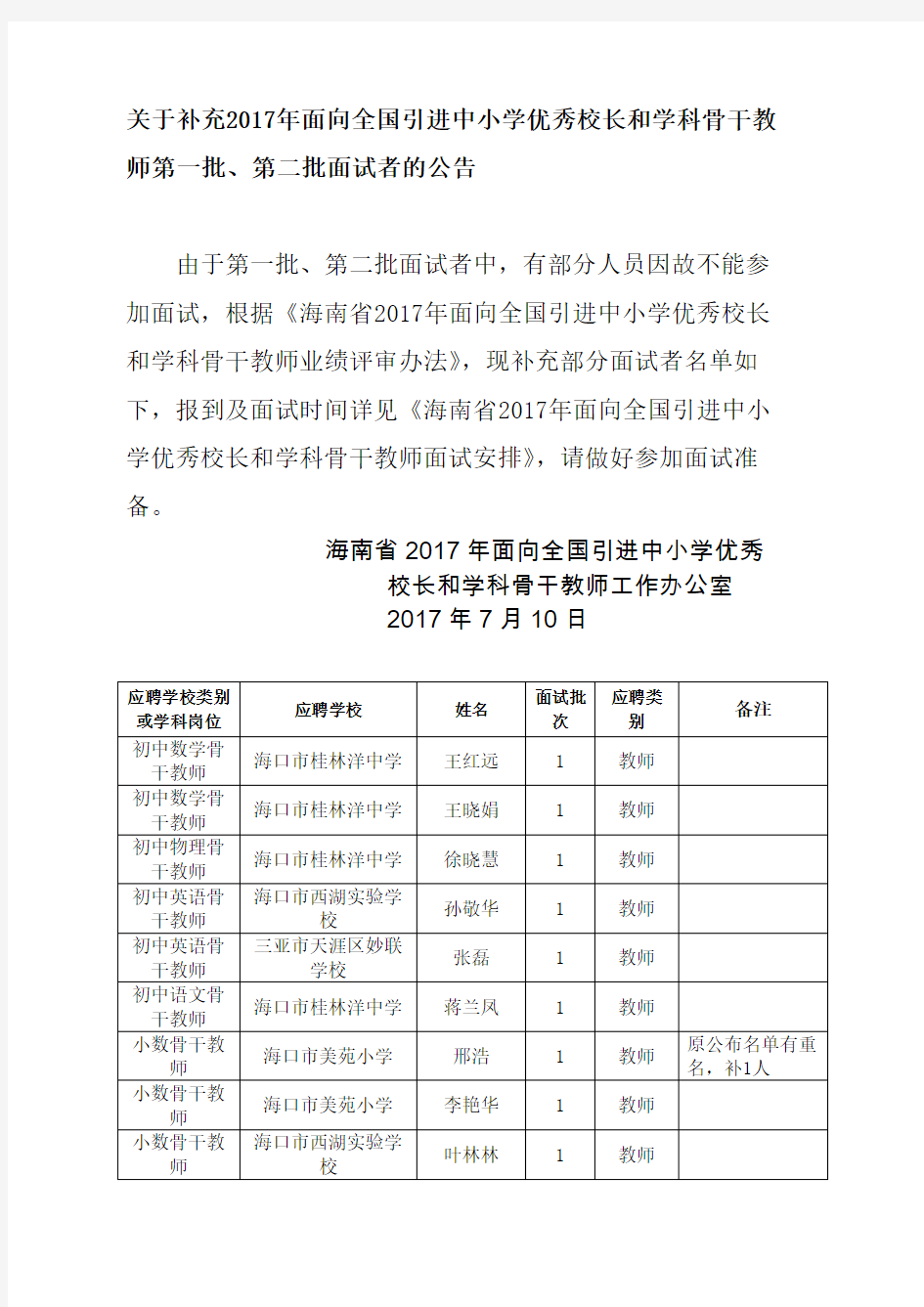 关于补充2017年面向全国引进中小学优秀校长和学科骨干教师