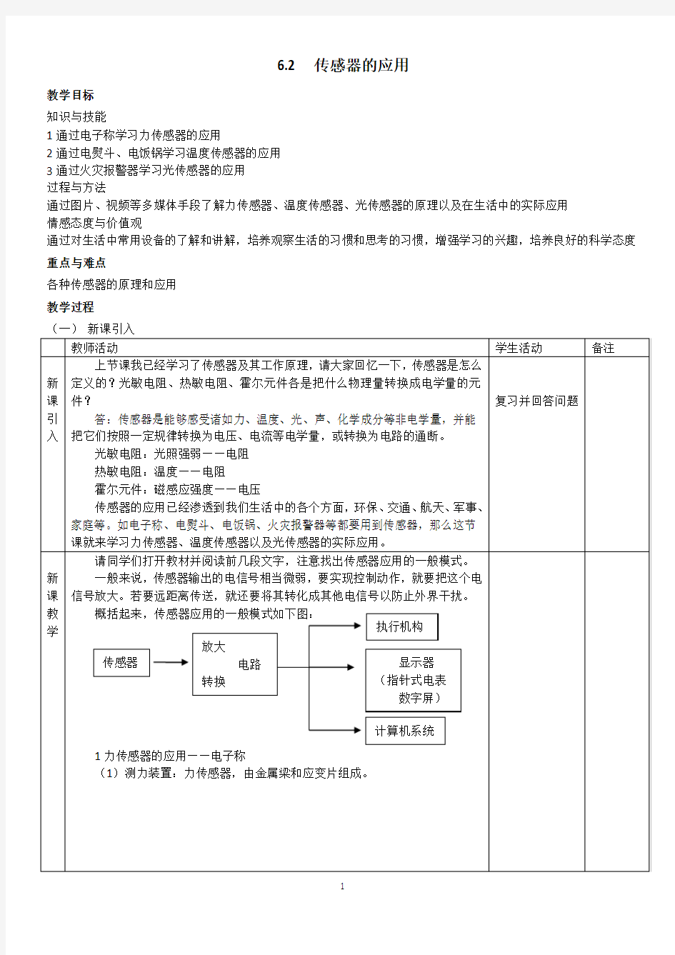 6.2传感器的应用_教案