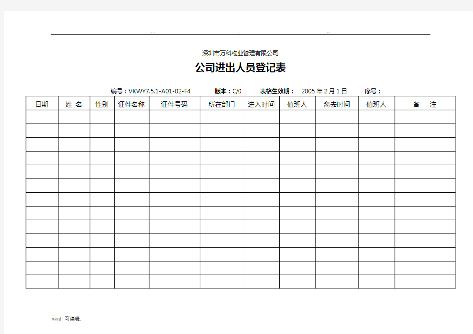 公司进出人员登记表格模板