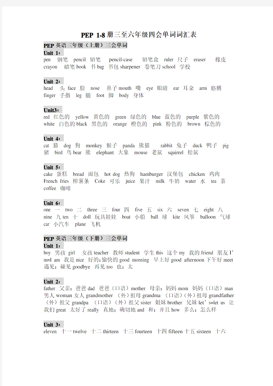 小学英语PEP-1-8册四会单词汇总