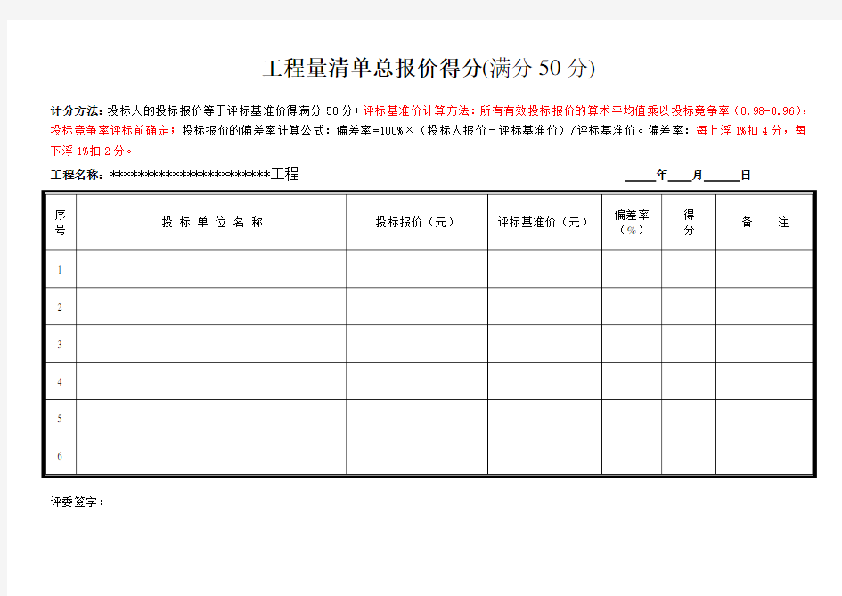 商务标评分表(清单)