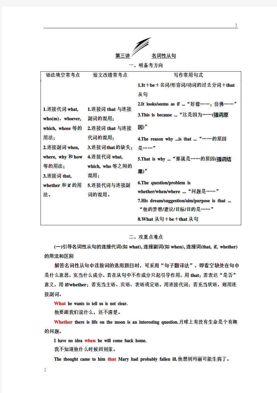 江苏省2019版二轮复习英语通用版讲义：第三板块 NO.2 再研考点 第二层级 第三讲 名词性从句
