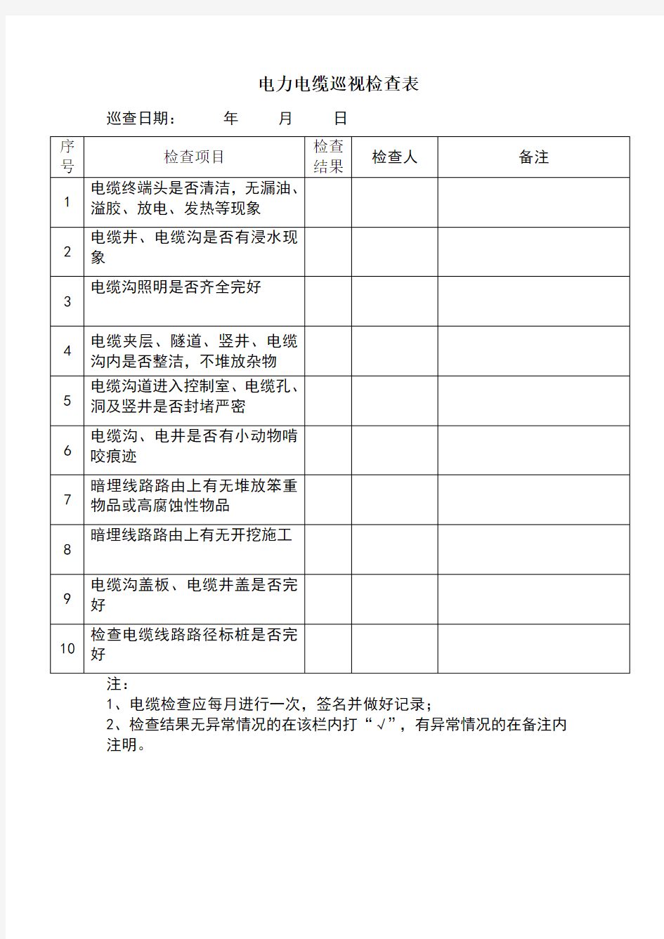 电力电缆巡视检查表