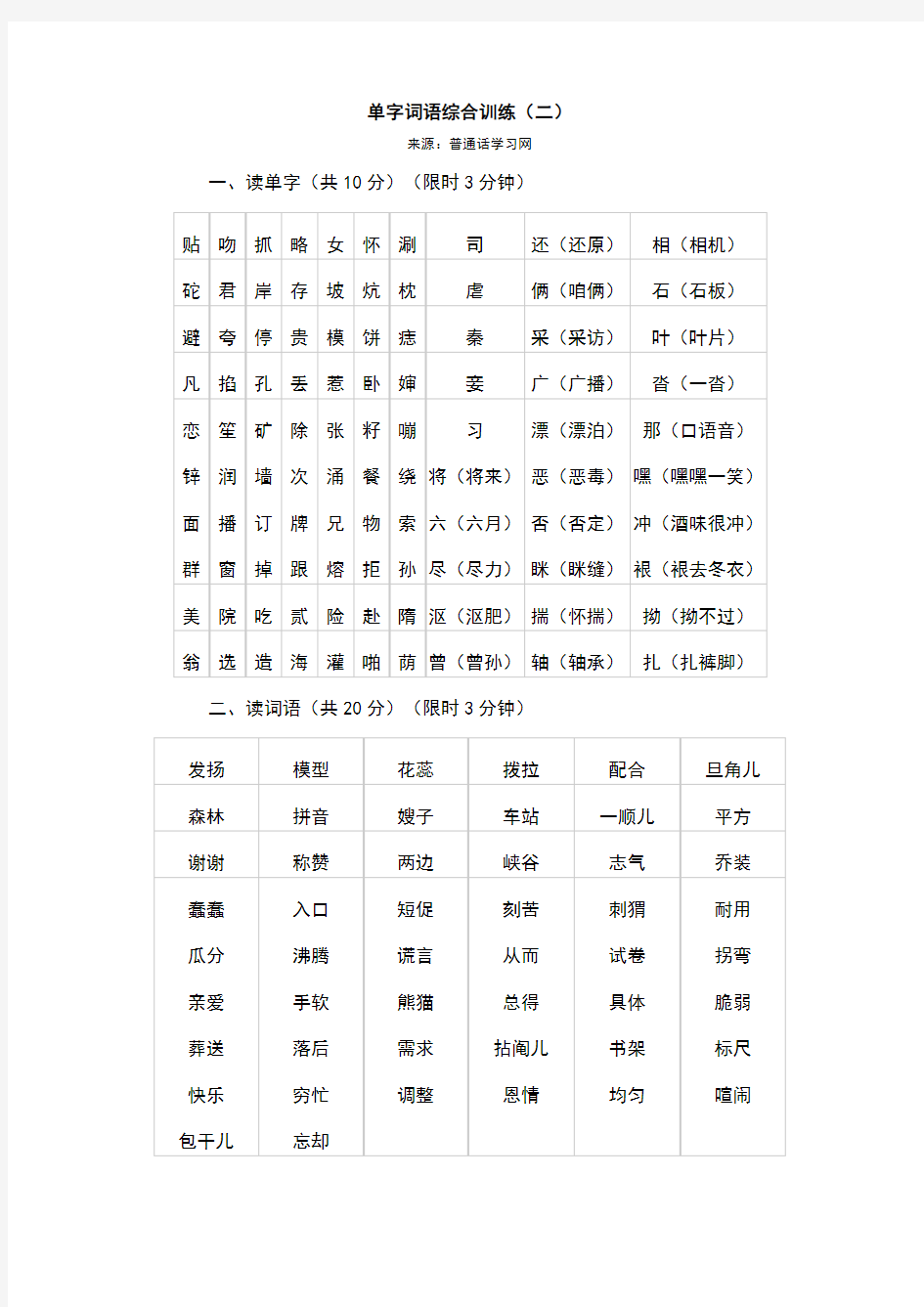 普通话水平测试用练习材料——普通话字词资料
