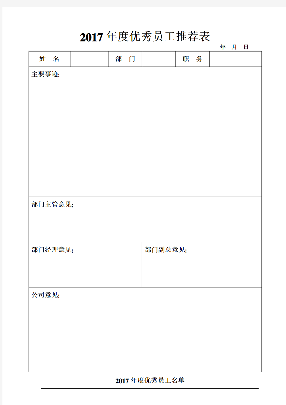 2016年度优秀员工评选推荐表