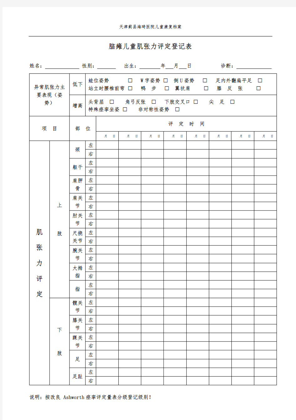 脑瘫儿童肌张力评定登记表