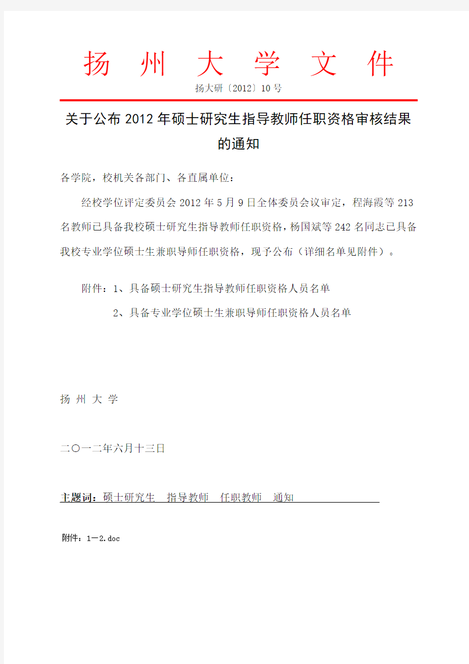 扬州大学关于公布2012年硕士研究生指导教师任职资格审核结果的通知