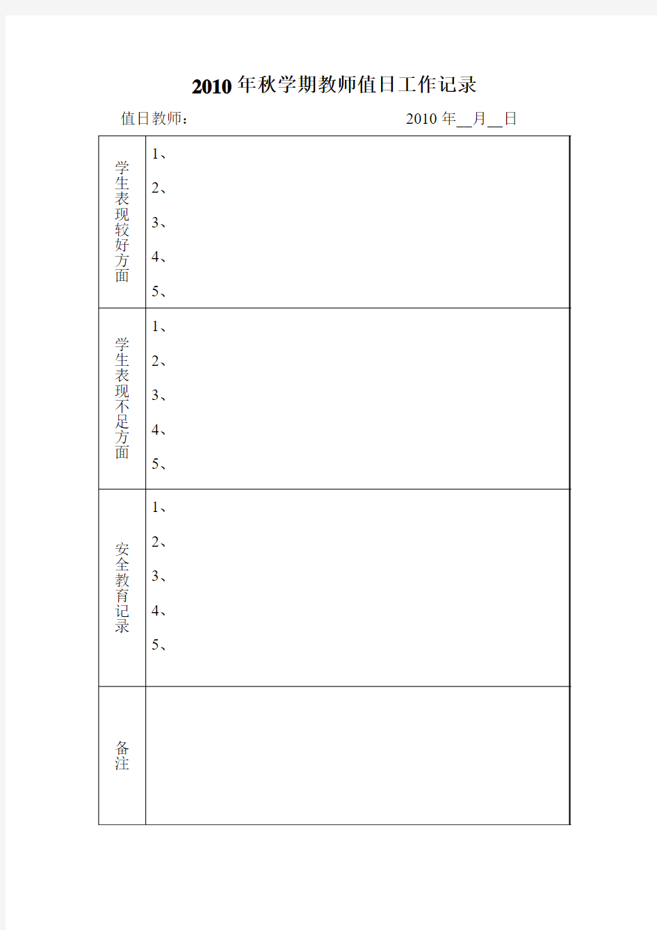 2010年秋学期教师值日工作记录