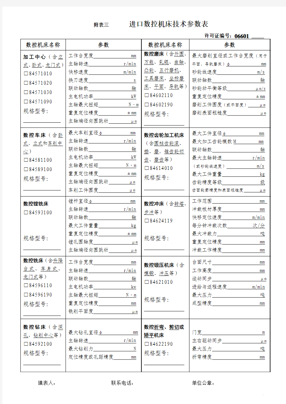 附表三 进口数控机床技术参数表