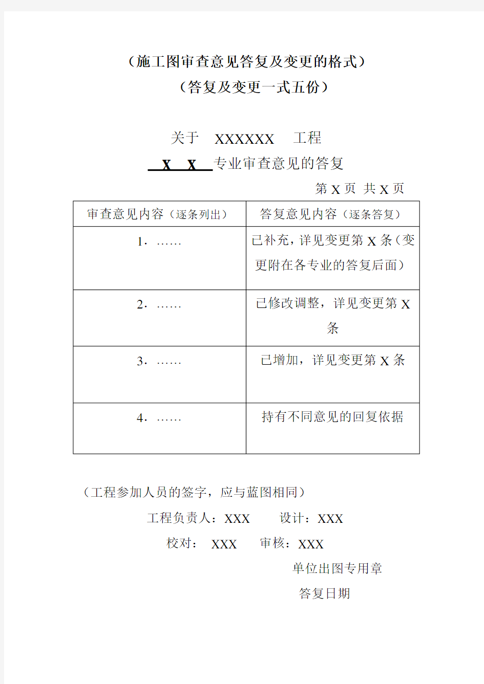 (施工图审查意见答复及变更的格式)