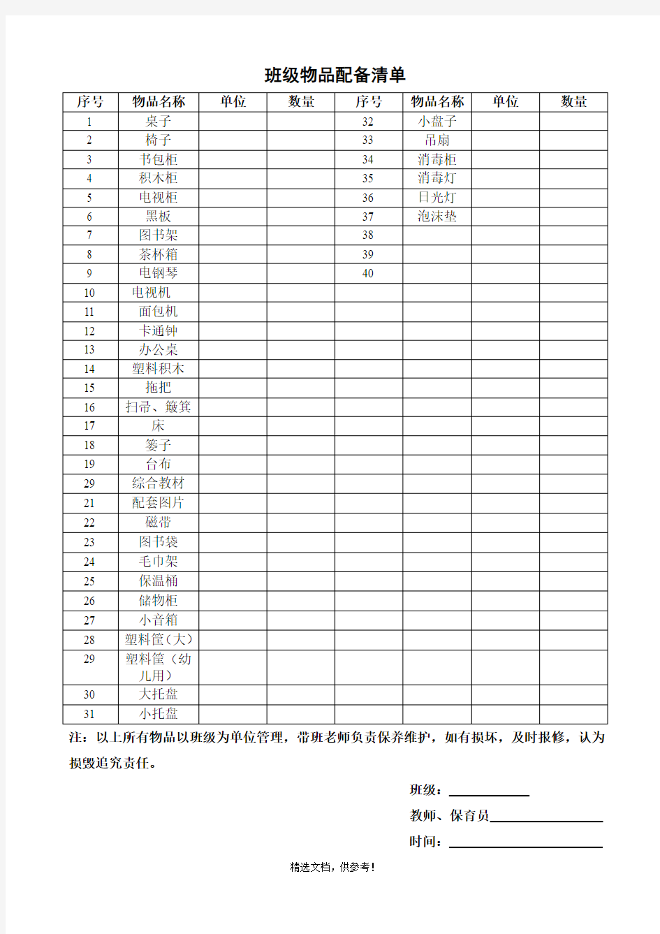 班级物品配备清单Word 文档