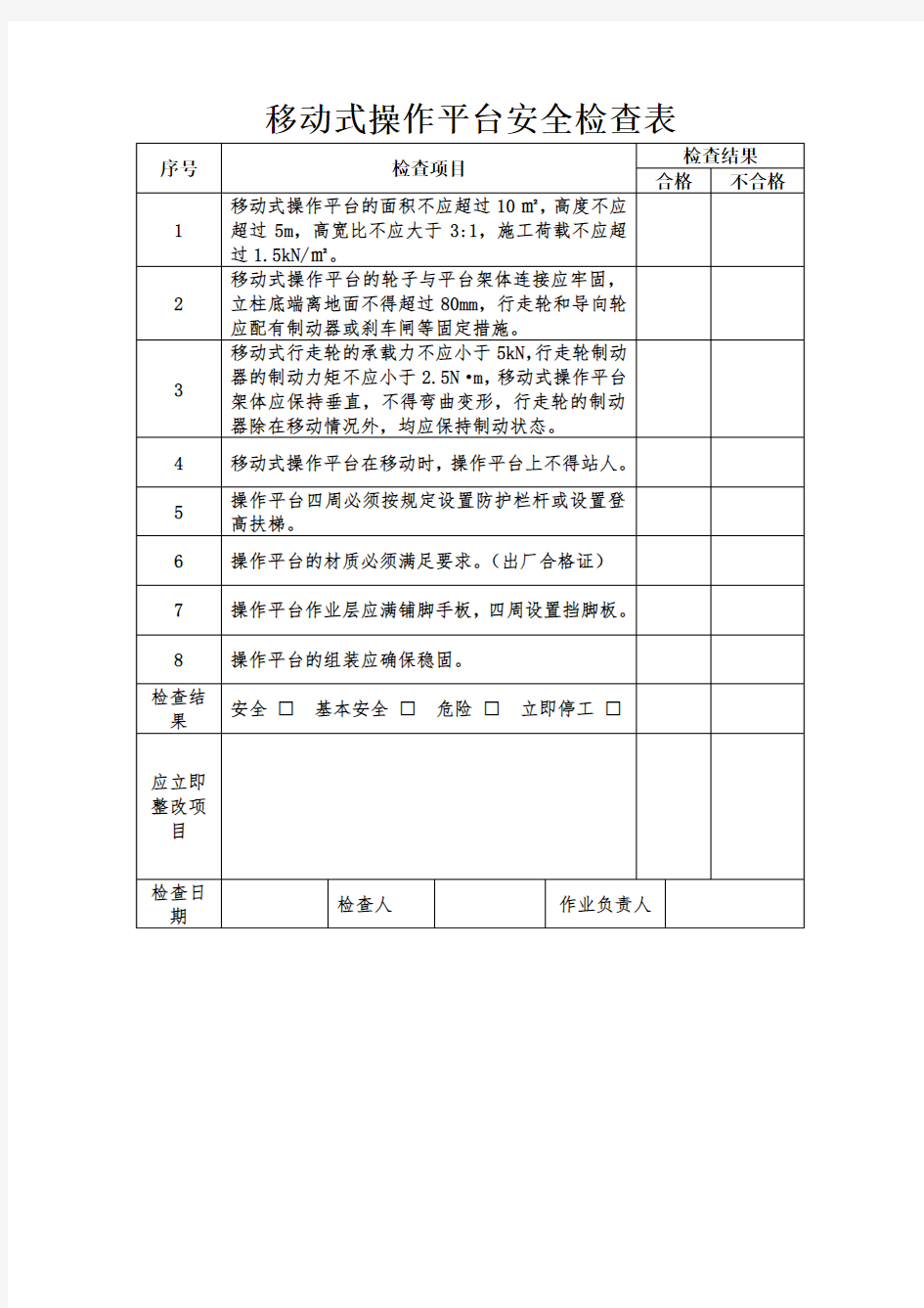 移动式操作平台安全检查表