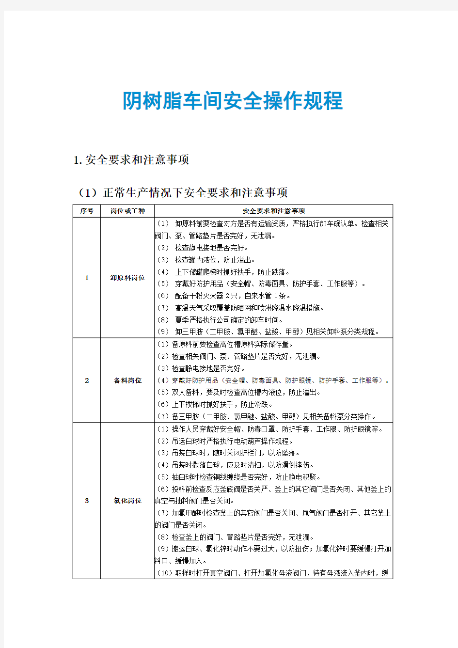 阴树脂车间安全操作规程