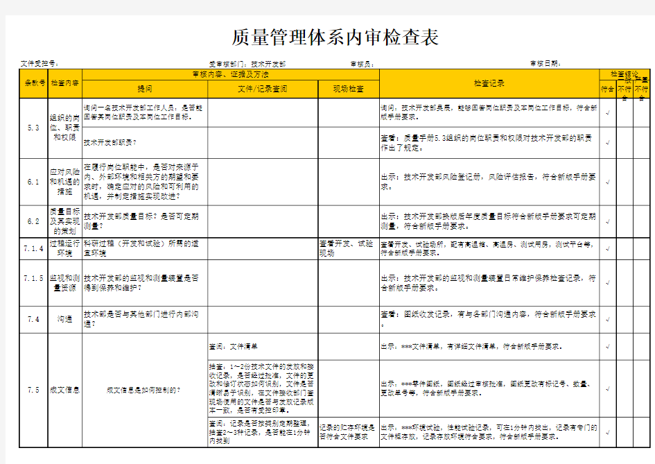 GJB9001C-2017版内审检查表 -技术开发部(包含检查记录)