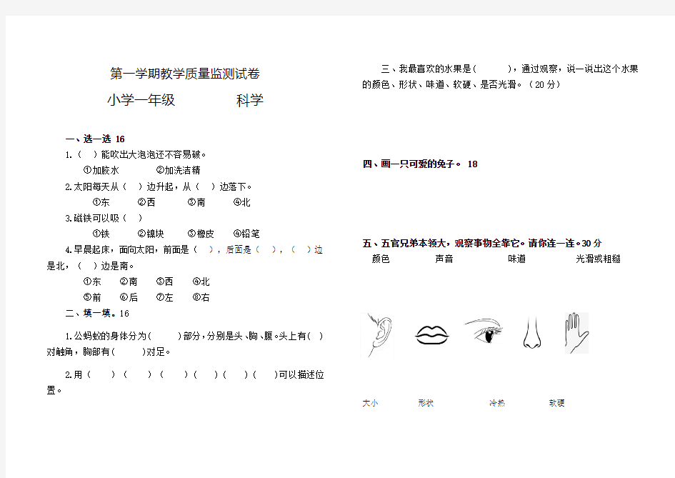 大象版小学一年级上册科学期末试题附答案