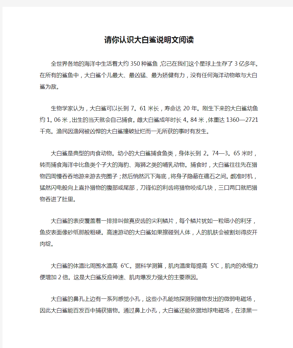 请你认识大白鲨说明文阅读