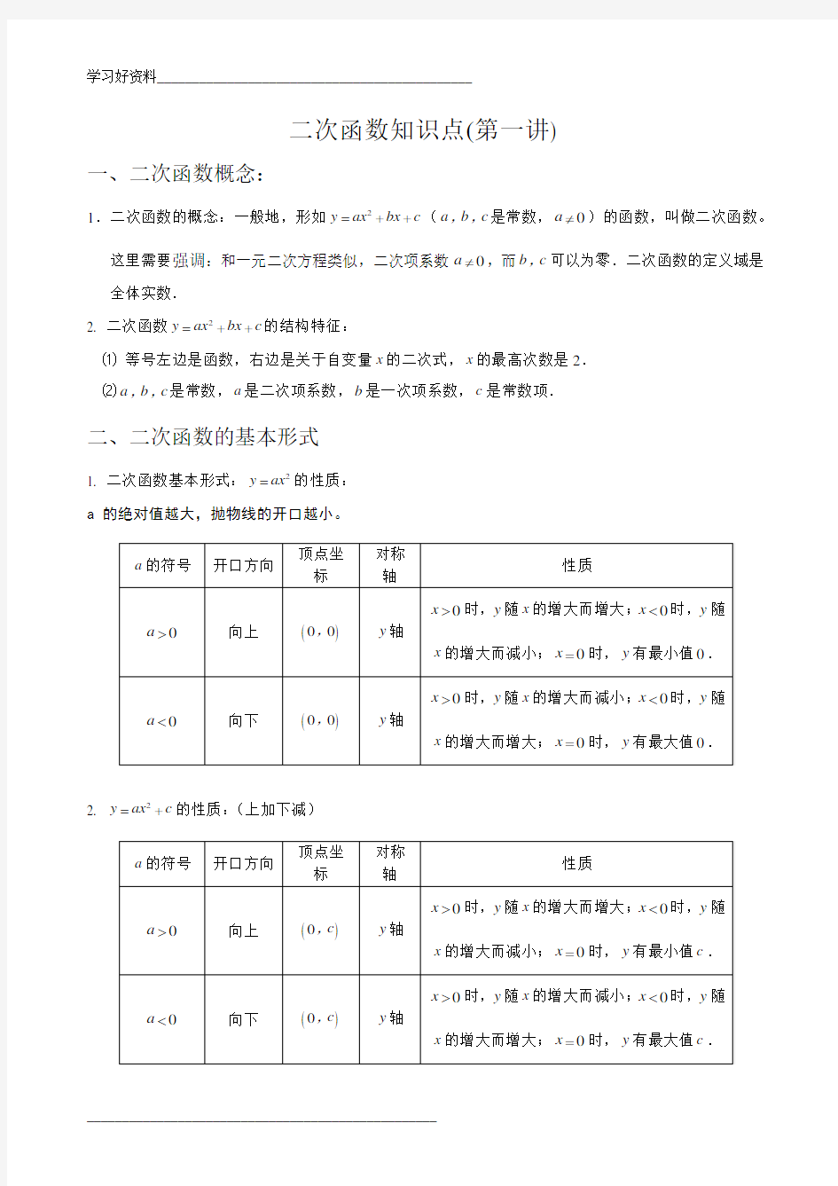 二次函数知识点汇总(全)50433