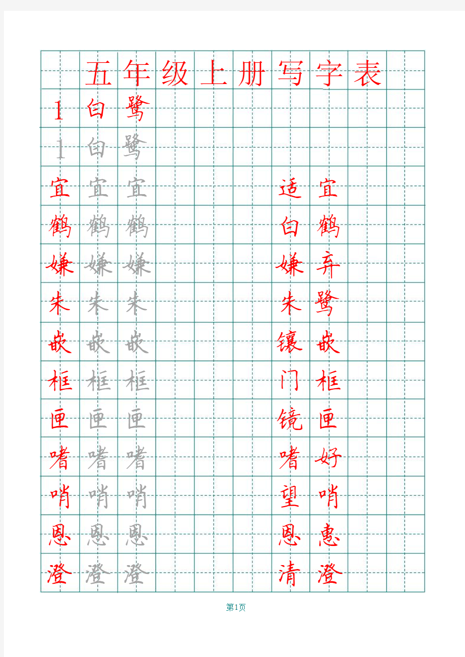 部编版五年级上册语文田字格写字表