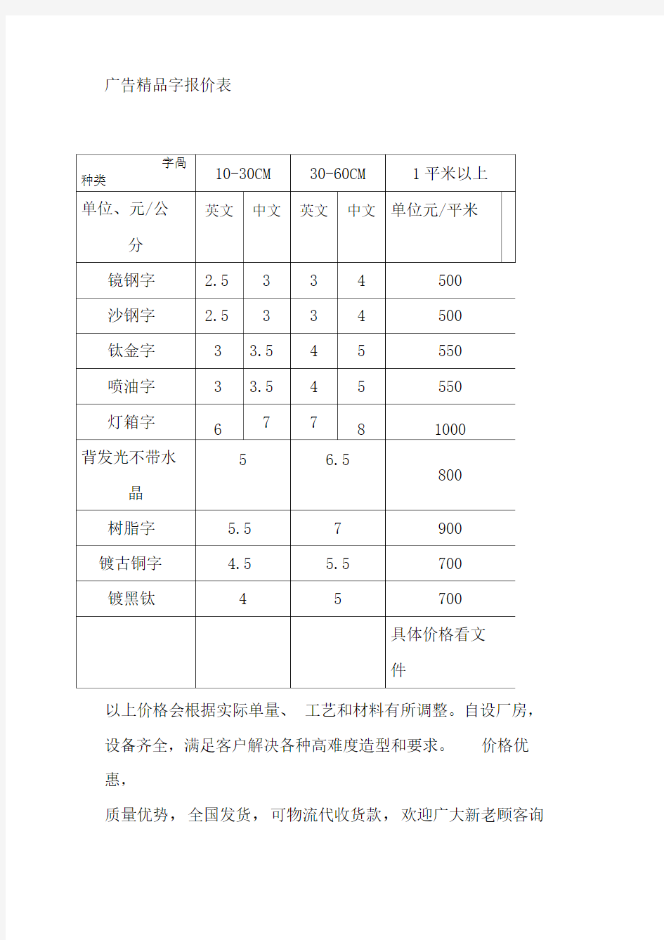 广告精品字报价表