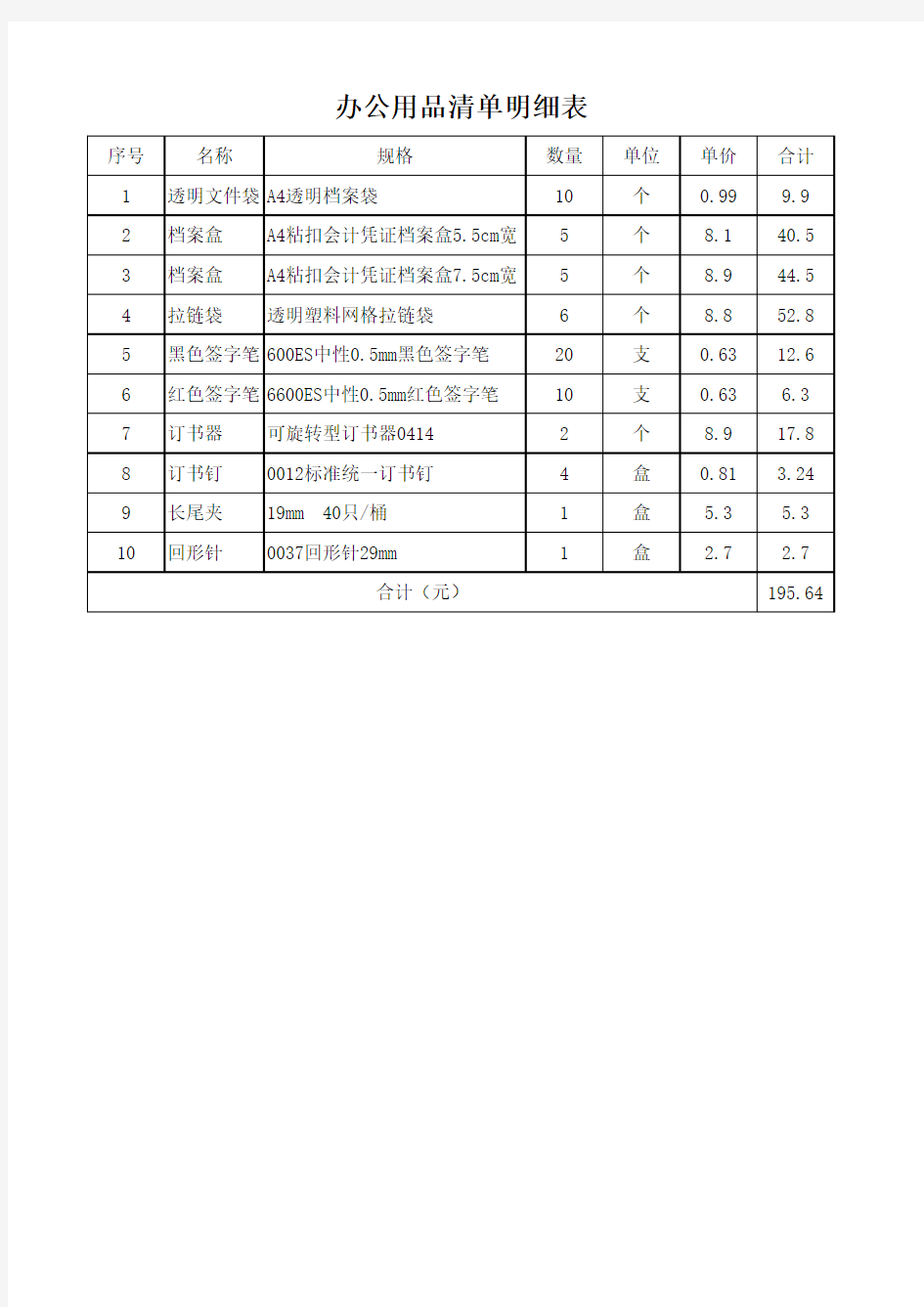 办公用品清单明细表