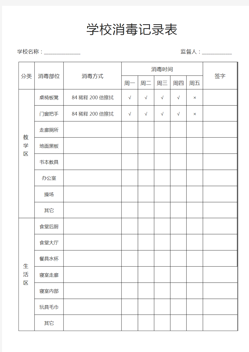 学校消毒记录表