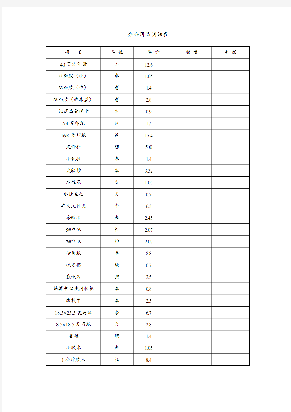 办公用品明细表、价目表