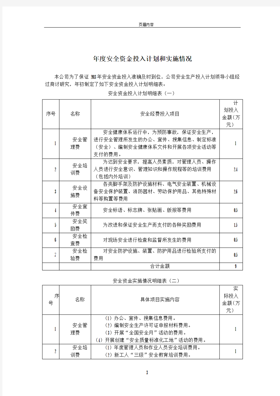 年度安全资金投入计划和实施情况