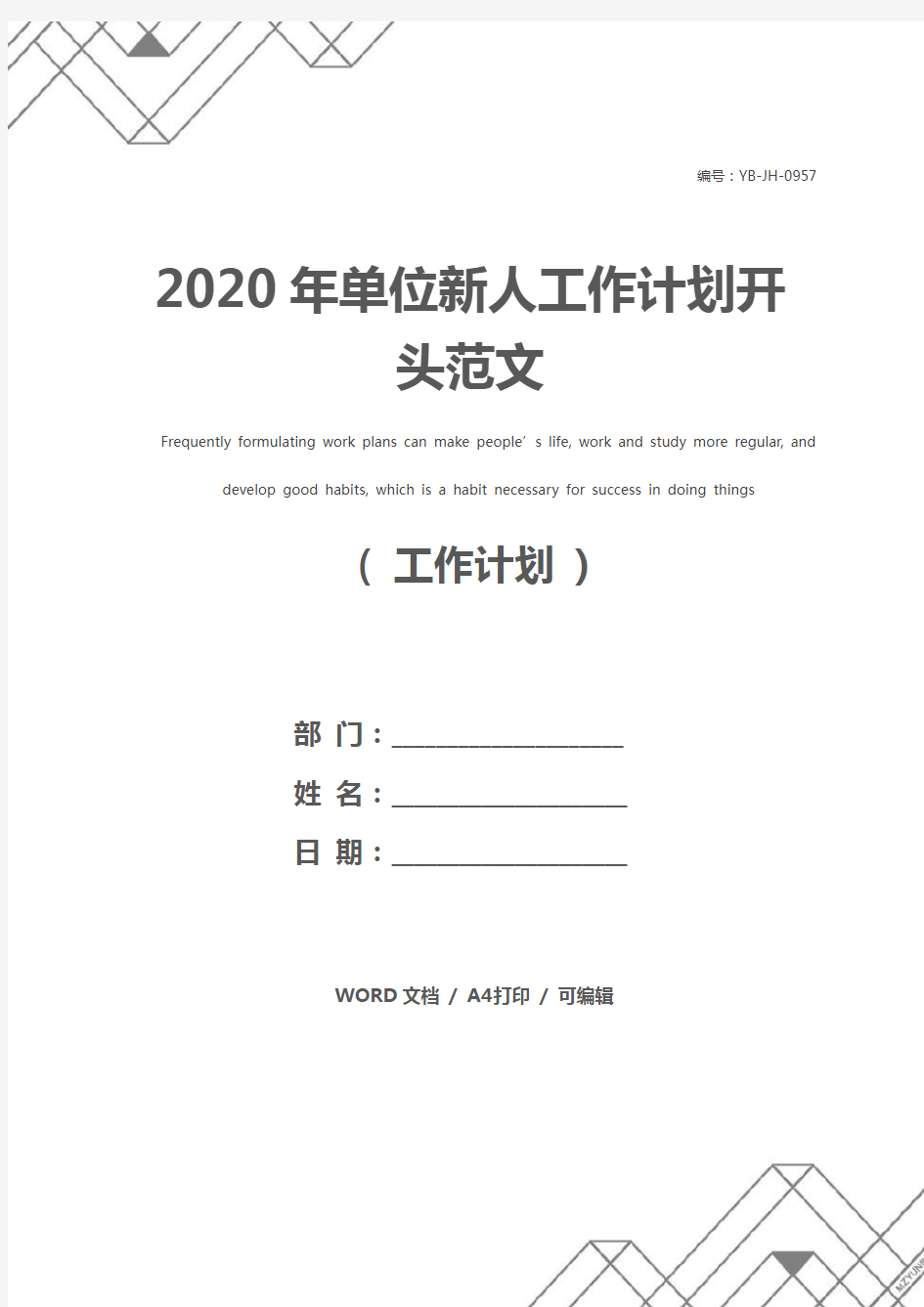 2020年单位新人工作计划开头范文