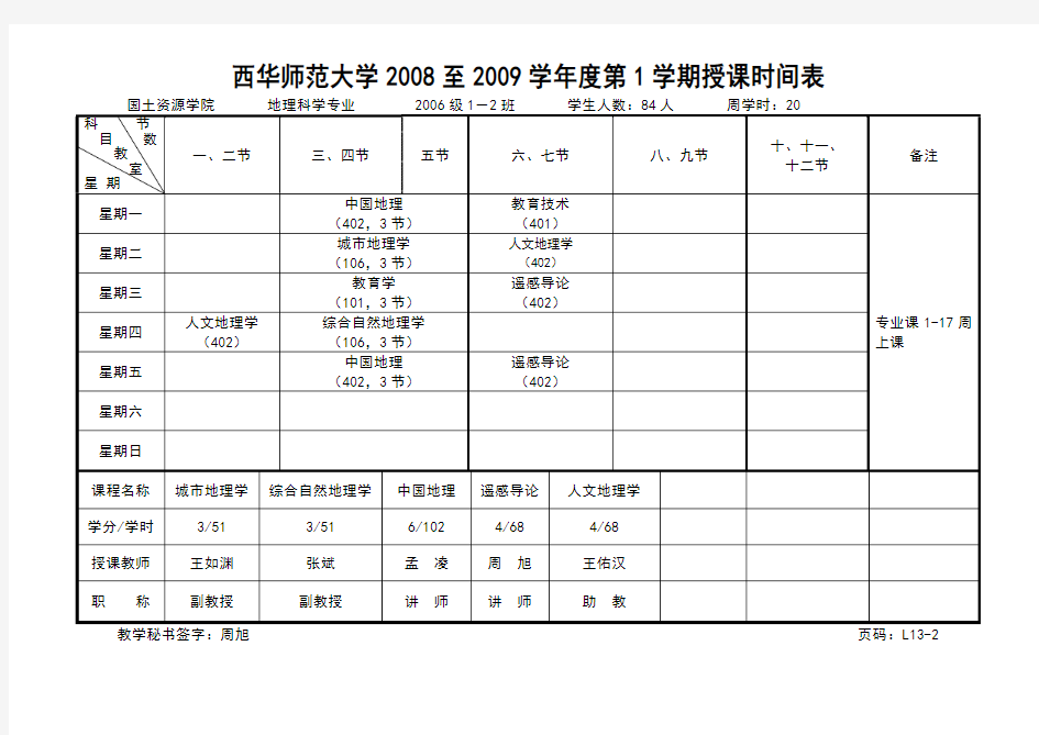西华师范大学2008至2009学年度第1学期授课时间表资料