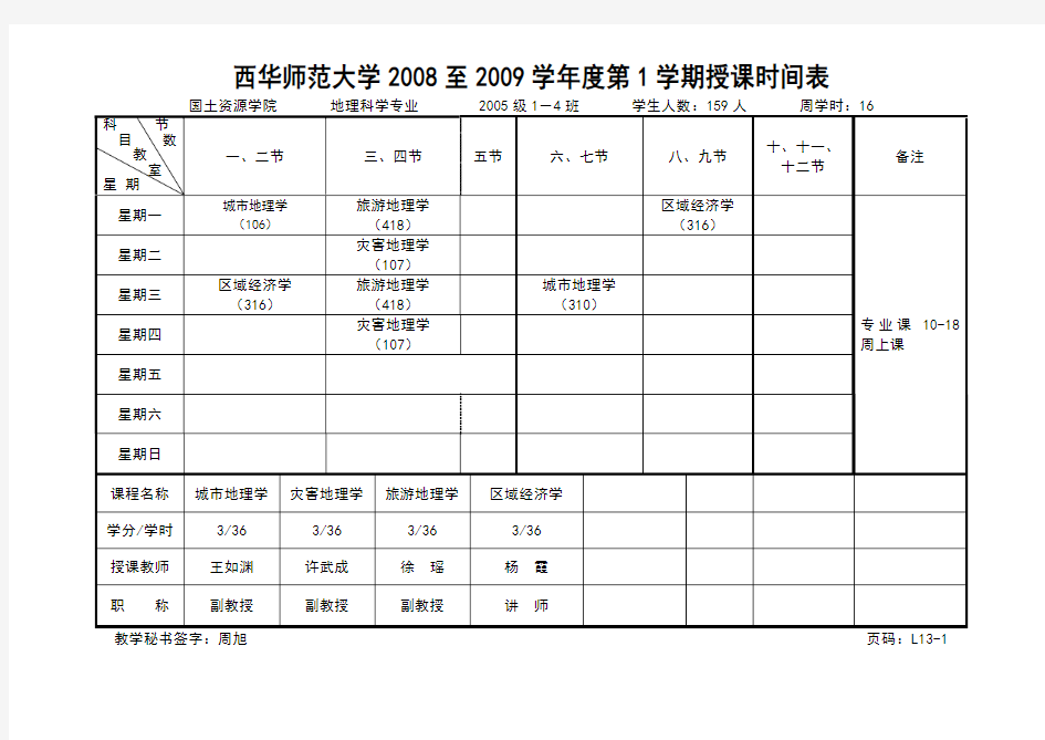 西华师范大学2008至2009学年度第1学期授课时间表资料