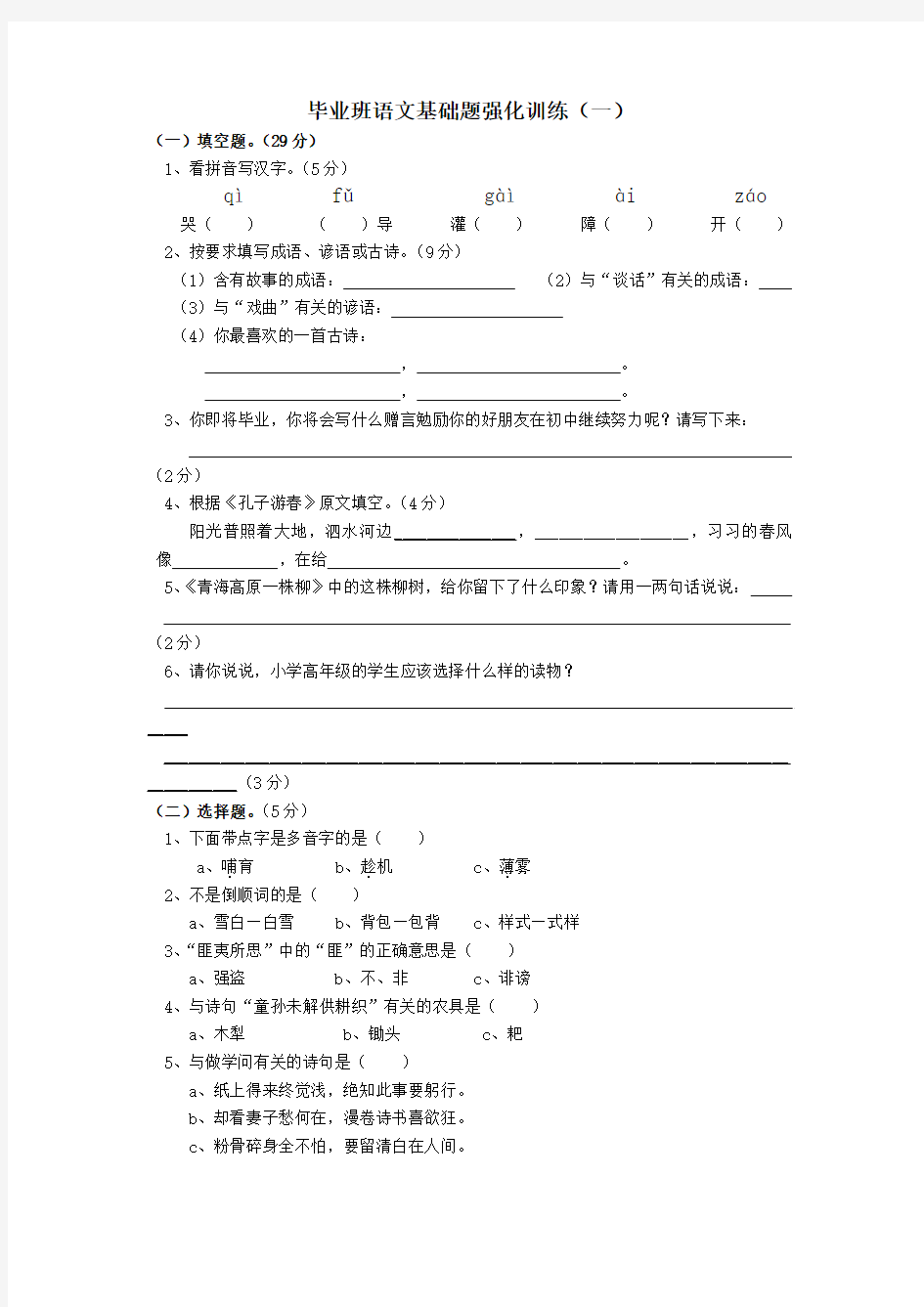 苏教版语文六年级下册毕业班语文基础题强化训练(一)