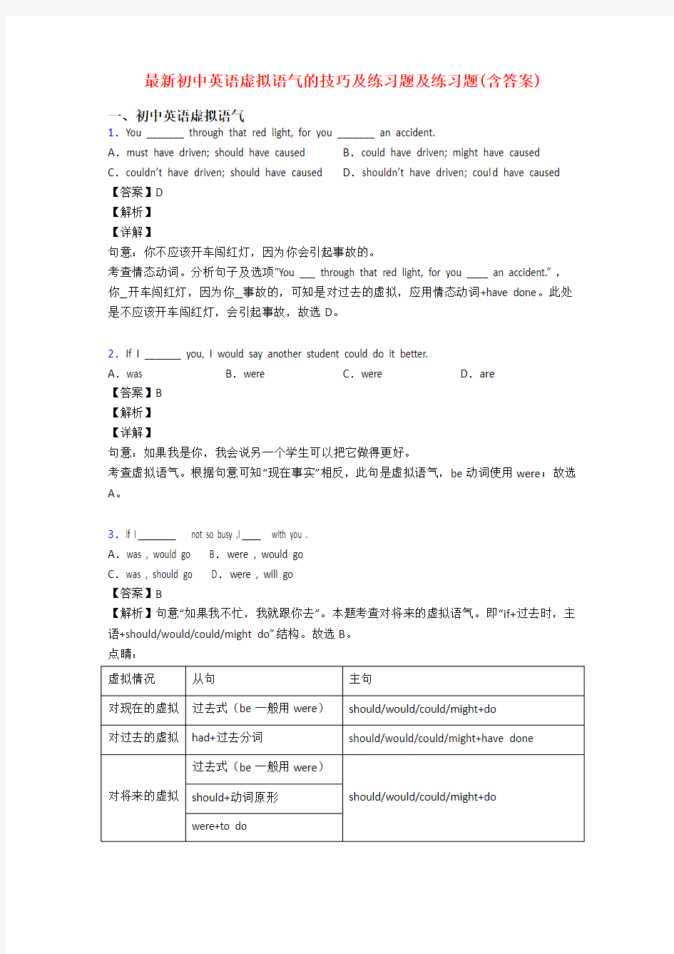 最新初中英语虚拟语气的技巧及练习题及练习题(含答案)