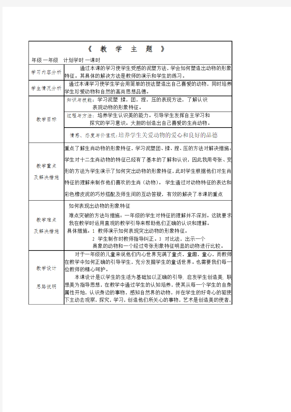 小学美术一年级《生肖动物大聚会》表格式教案设计