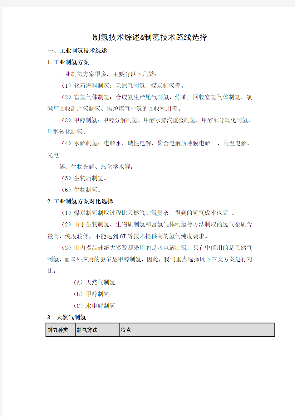 制氢技术比较及分析