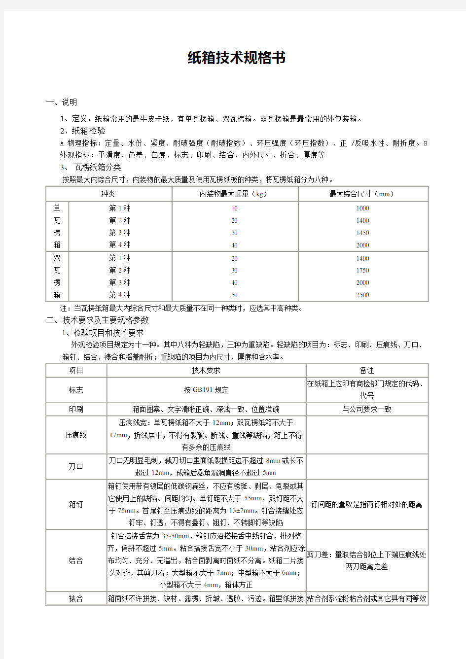 纸箱技术规格书