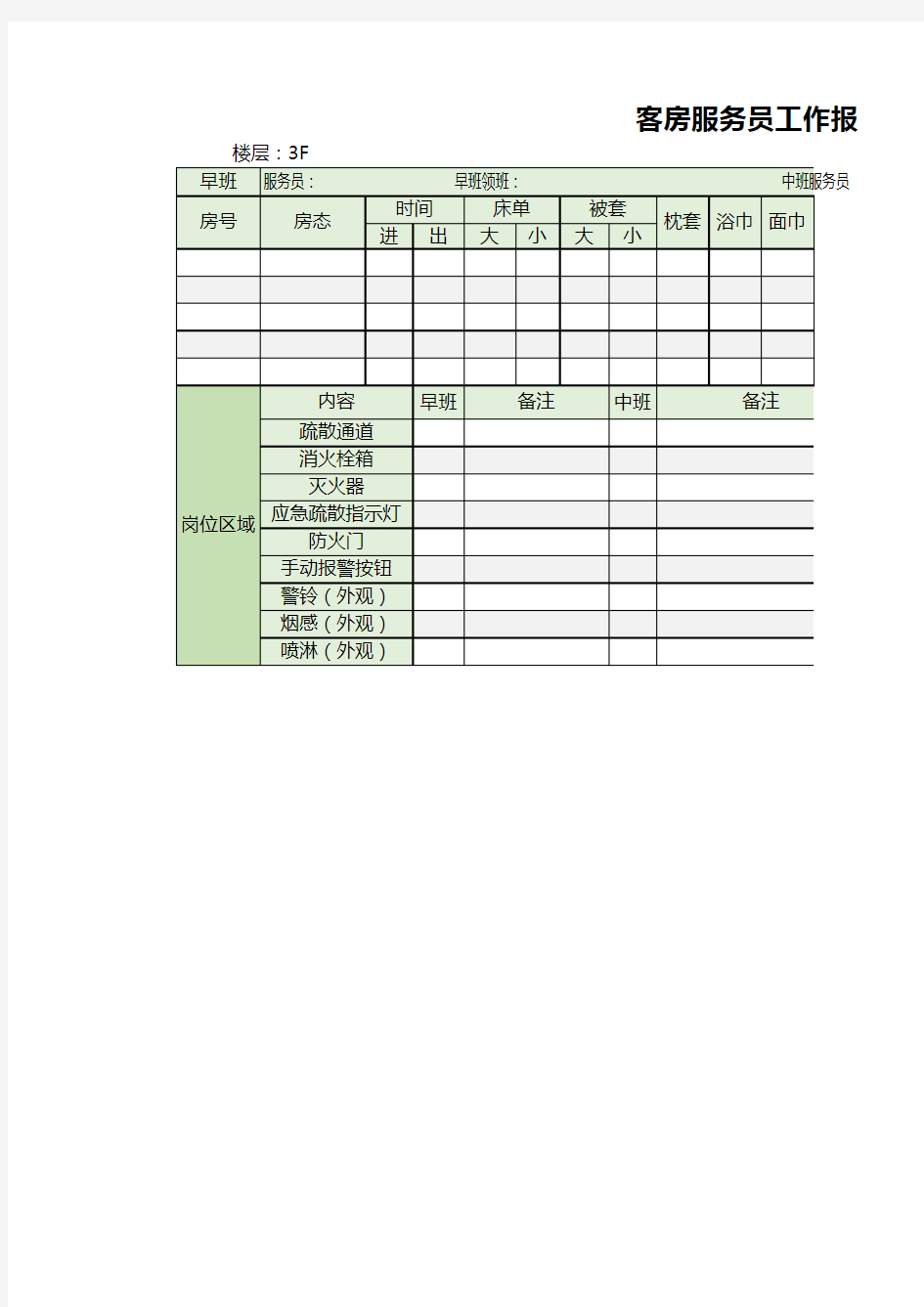 酒店客房服务员工作报表